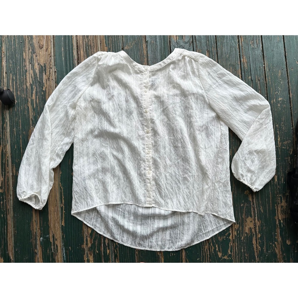 Ann Taylor Petite White Textured Stripe Back Button High Low Blouse MP
